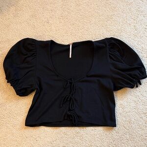 Free People Black Puff Sleeve Tie-Front Top